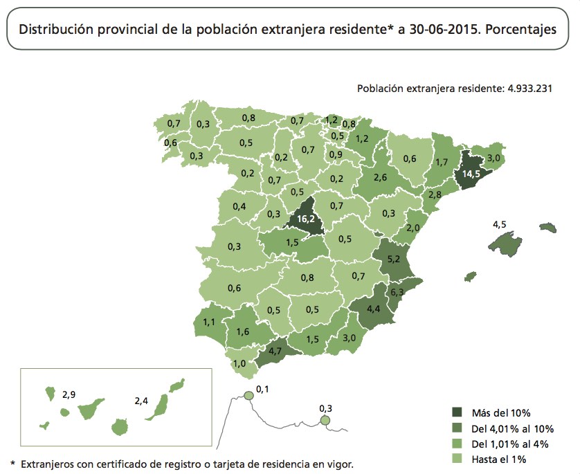 Provincial map of Spain showing percentage of foreign residents living in each area.