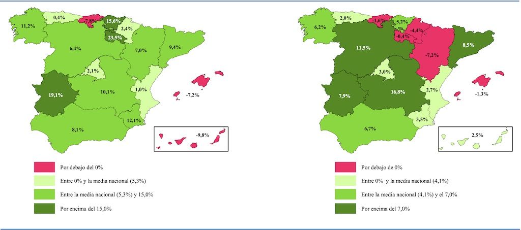 Left map = annualised change in Spanish home sales by region, right = change in Spanish house prices