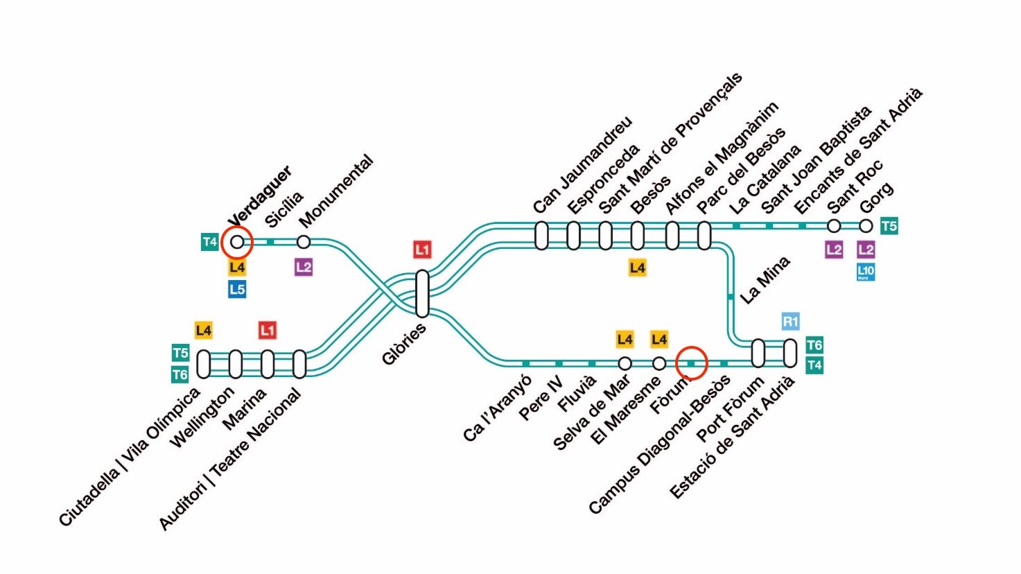 Barcelona tram line map of new T4 sections